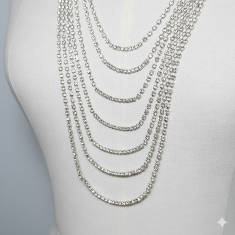Rhinestone 24-34" Necklace Vintage Glass Statement Opera Length Layered Silver - Picture 6 of 9